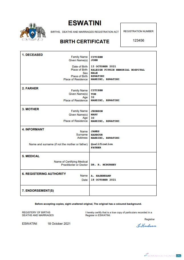 Download Eswatini birth certificate Word and PDF template Photoshop template